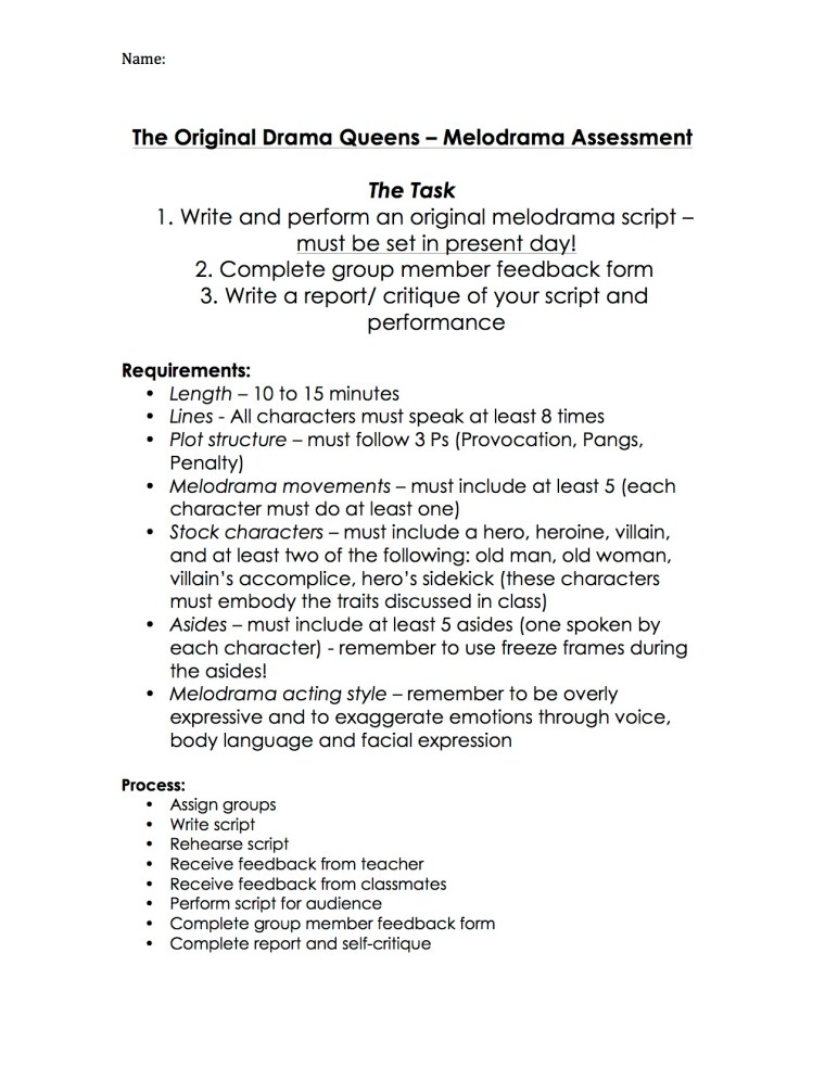 The Original Drama Queens – Melodrama Assessment Tasks